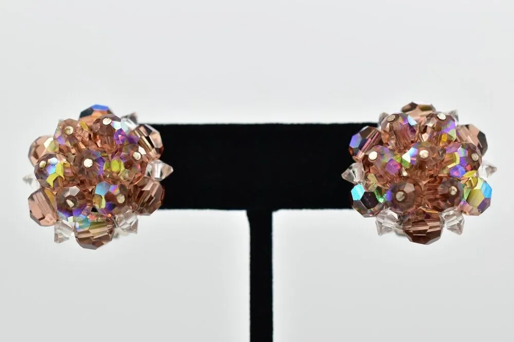 Laguna Vintage Clip On Crystal Earrings Champagne AB Cluster Signed 1950s A24